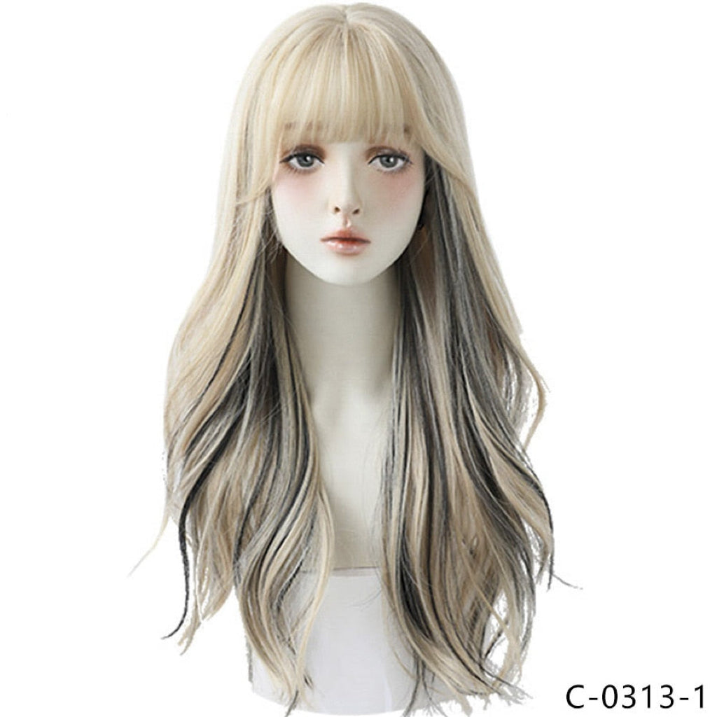 Long Wavy Curly Blonde Black Highlights Synthetic Wigs