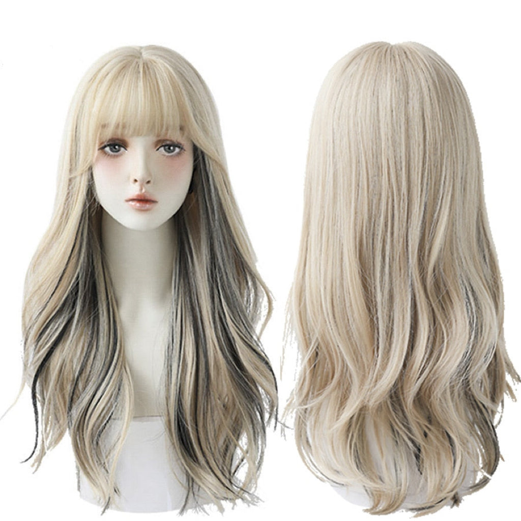 Long Wavy Curly Blonde Black Highlights Synthetic Wigs