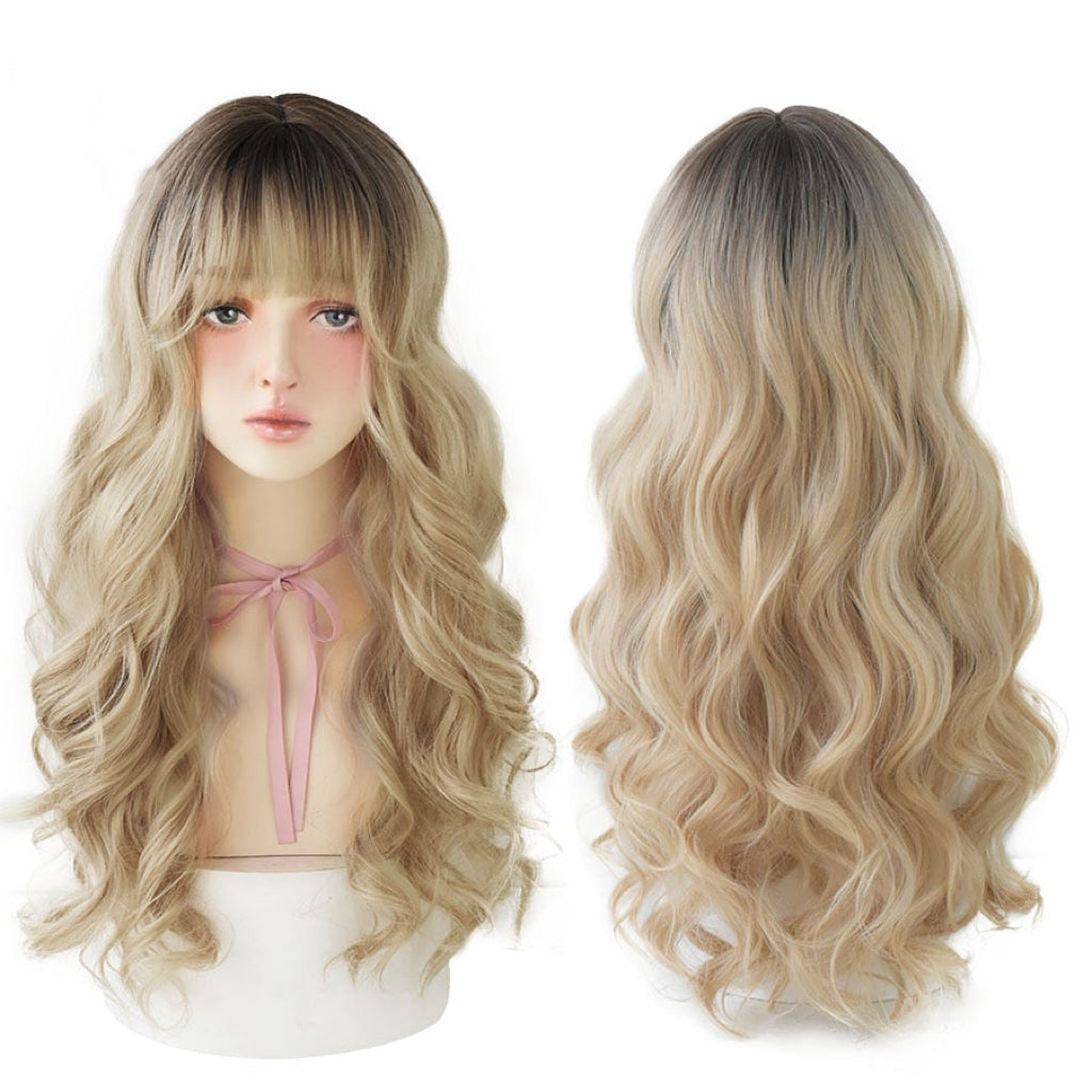 Long Wavy Curly Blonde Black Highlights Synthetic Wigs