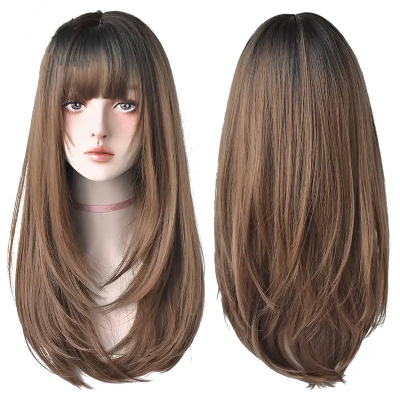 Light Brown Long Straight Synthetic Wigs With Bang