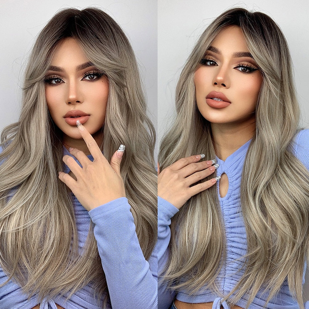 Long Wavy Ash Grey Ombre Synthetic Wig