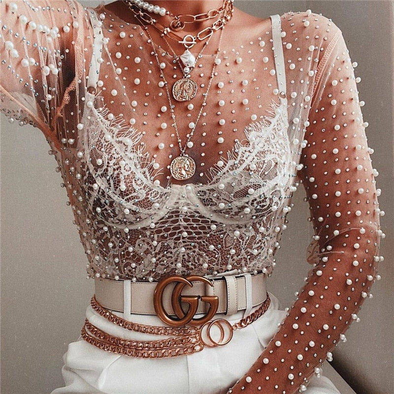 Pearl Top Women Mesh Top 2022 Spring Ladies Long Sleeve Transparent Sexy Top Cover Up Clubwear