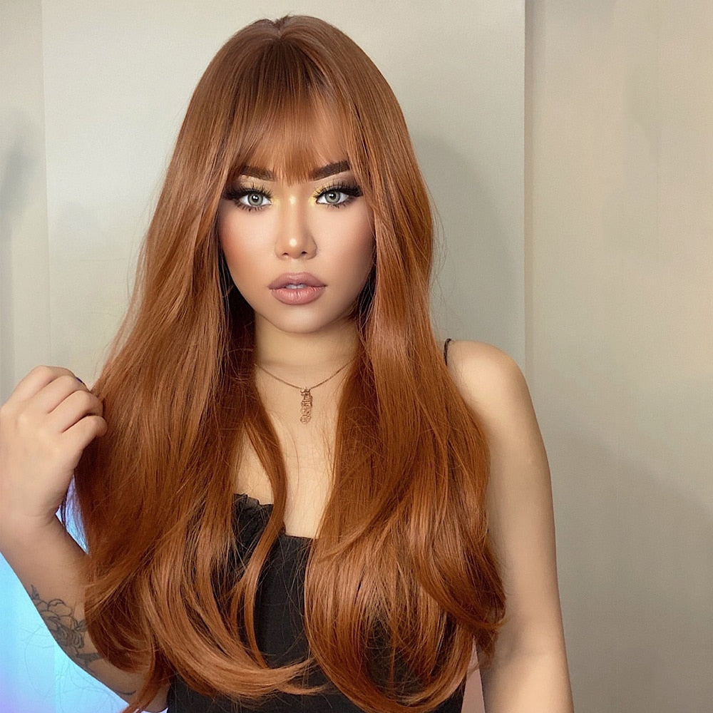 Red Copper Ginger Long Wavy Synthetic Wig with Bangs