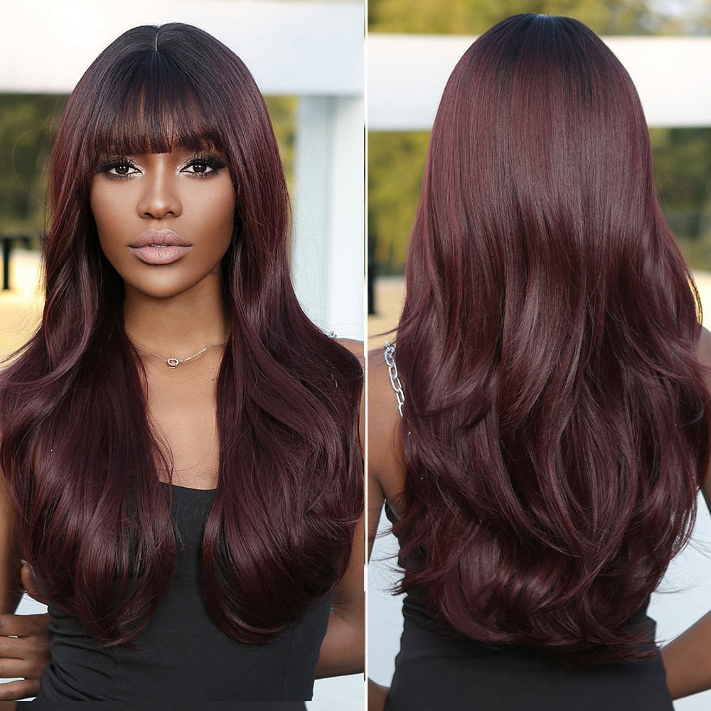 Dark Ombre Wine Red Brown Synthetic Long Wavy Wigs with Bangs