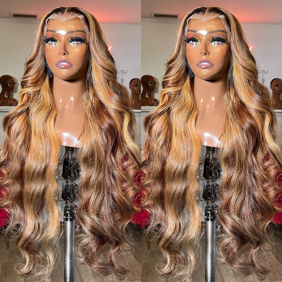 Honey Blonde Highlight Human Hair Wig 13x4 Lace Frontal Wig Body Wave Lace Front Wig