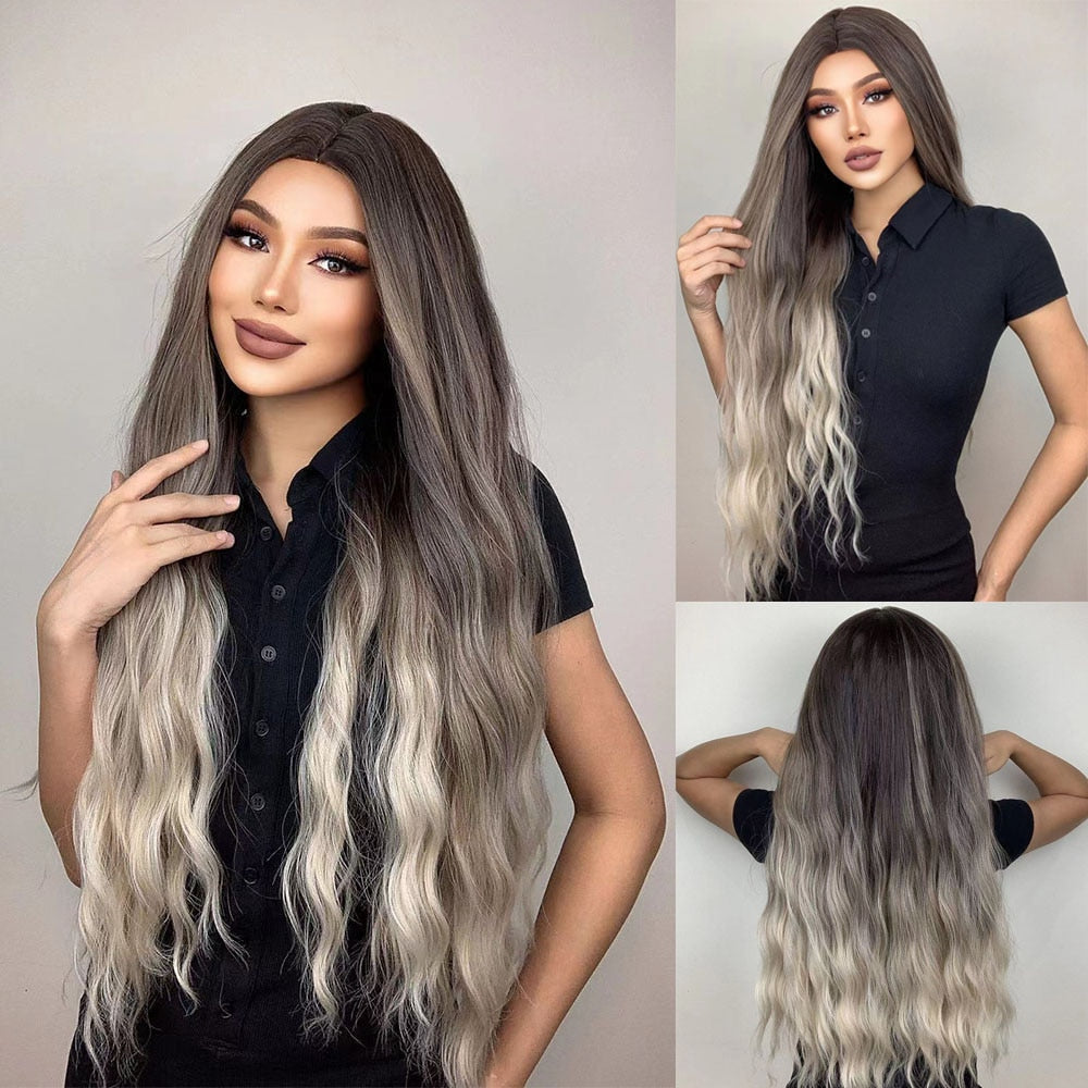 Ombre Silver Ash Long Curly Wavy Synthetic Wig