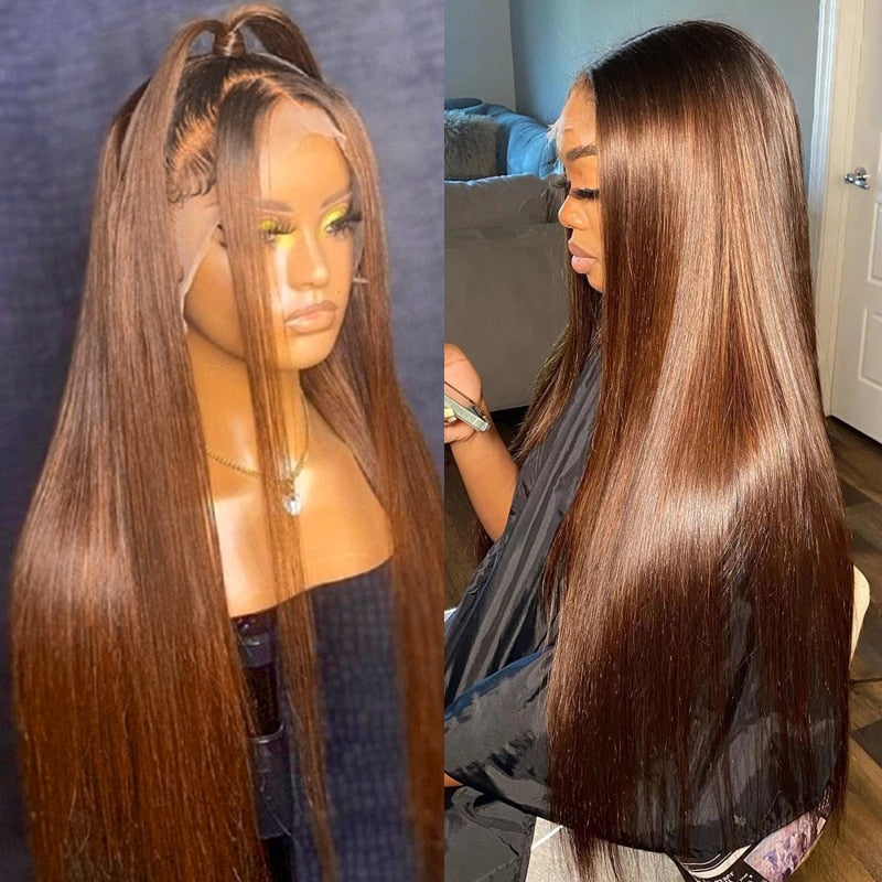 Brown Long Straight Lace Frontal HD Human Hair Wigs