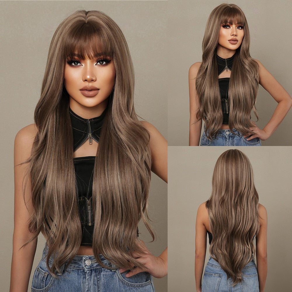 Long Wavy Brown Blonde Highlight Synthetic Wigs with Bang