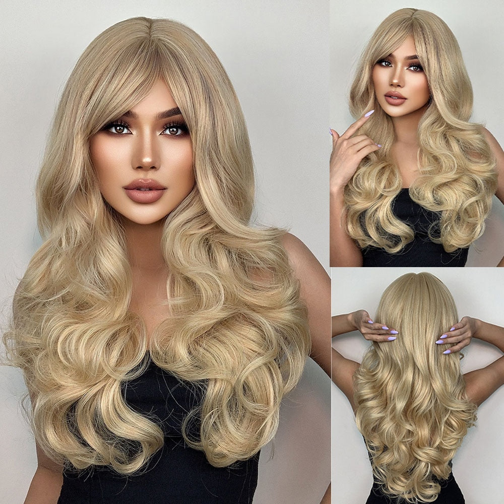 Platinum Blonde Synthetic Curly Long Wavy Wig with Bangs