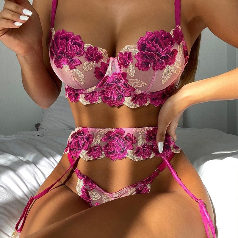 3-Piece Embroidery Lace Bra Set Women Floral Bra Underwire + Thong Underwear Set Sexy Lingerie Set