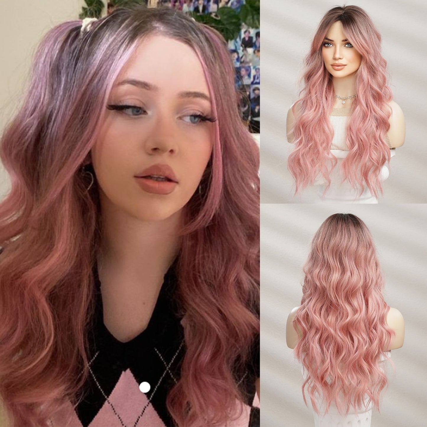 Pink Ombre Long Wavy Wigs