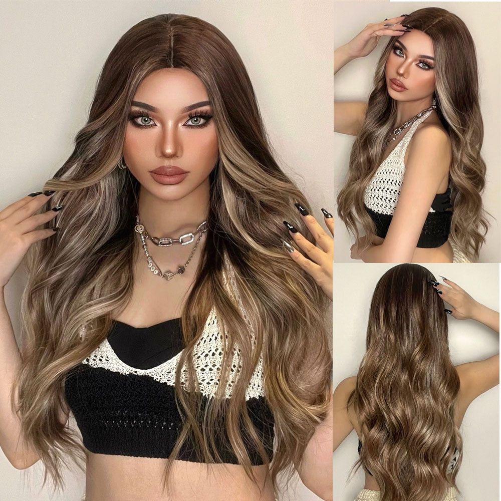 Natural Long Wavy Ombre Brown Blonde Highlight Synthetic Wigs