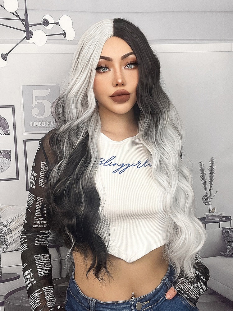 Long Wavy Ombre Black White Synthetic Wigs