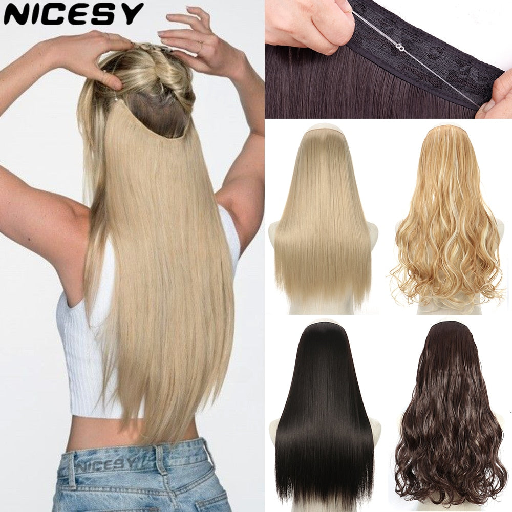 No Clips Long Straight Natural Hair Extension Synthetic Hairpiece Blonde Black