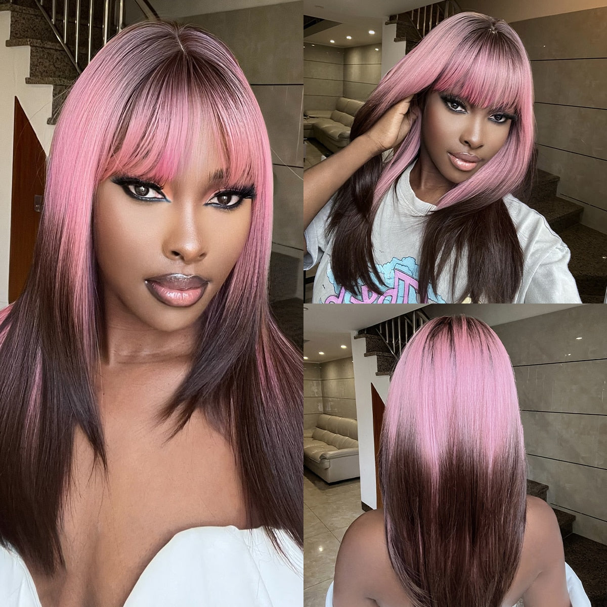 Pink Brown Ombre Straight Medium Lenght Synthetic Wigs