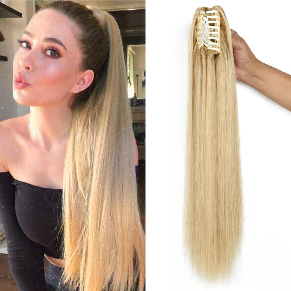 Ponytail Hair Extensions Long Straight Hair Claw Clip On 24Inch Synthetic Wig