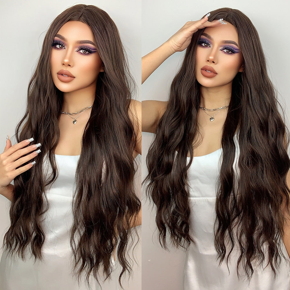 Brunette Long Wavy Brown Synthetic Wig