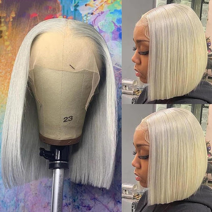 Silver Grey Short Bob Human Hair Wigs Lace Frontal Wig