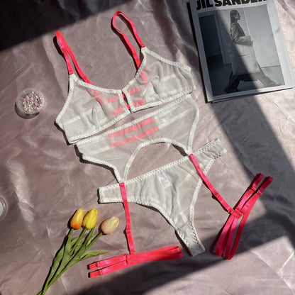 3-Piece Mesh Bra Set Women Transparent Color Straps Underwear Set 5 Colors Sexy Lingerie Set