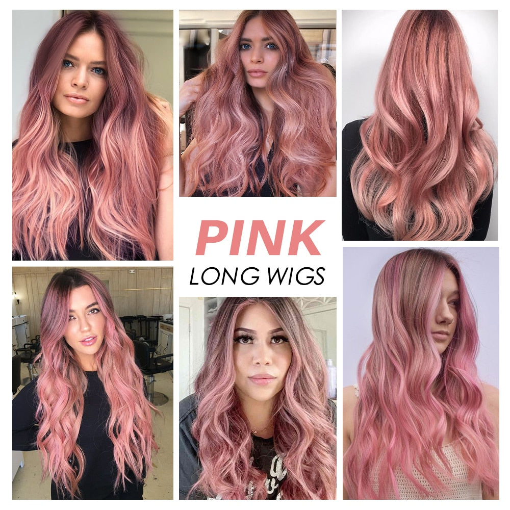 Long Wavy Pink Ombre Synthetic Wigs