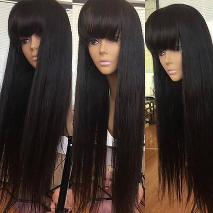 100% Human Hair8 Inches to 30 Inches Long Straight Black Hair Wig With Bangs
