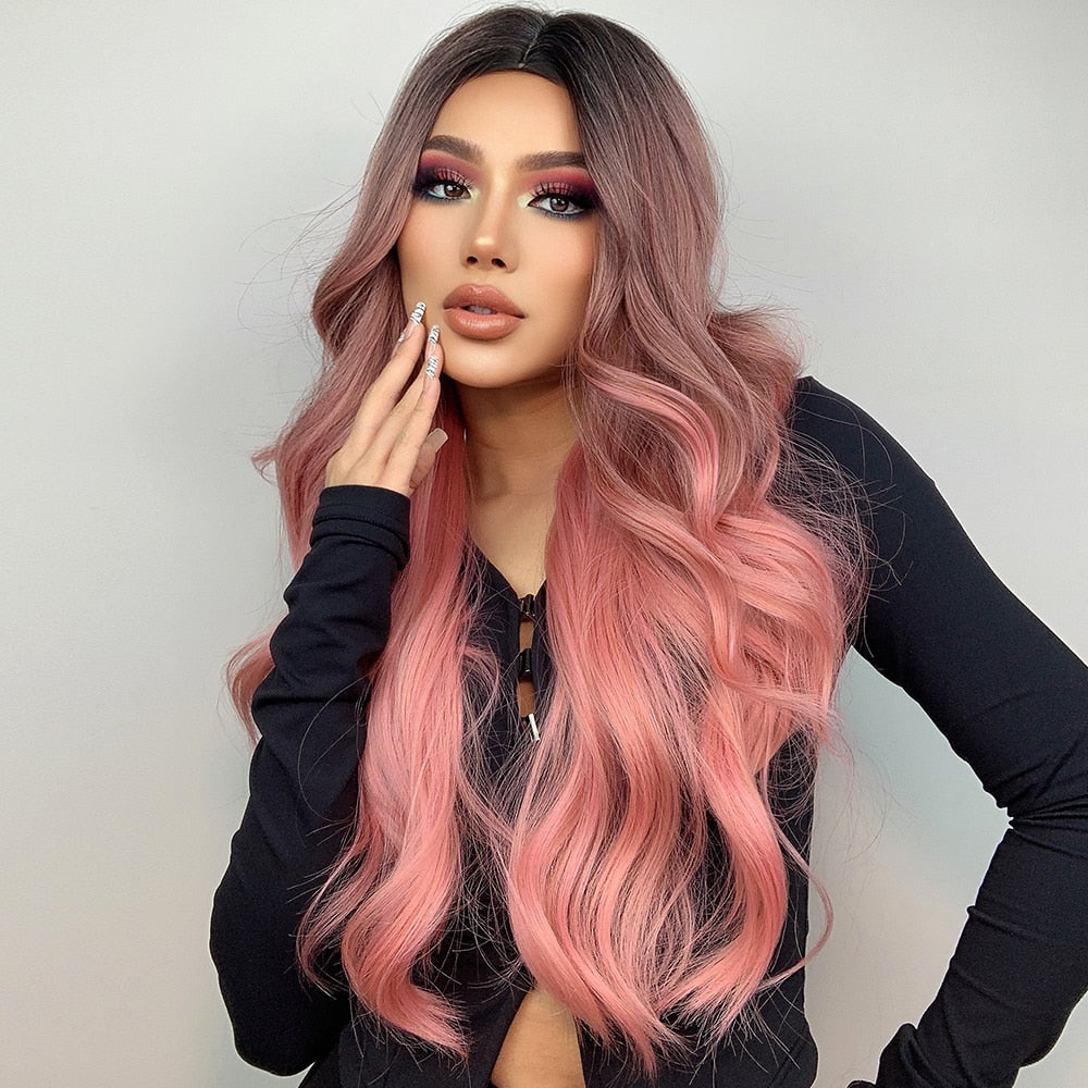 Long Wavy Pink Ombre Synthetic Wigs