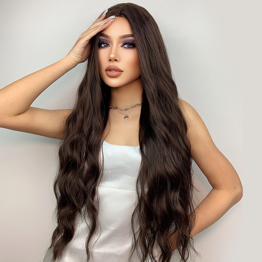 Brunette Long Wavy Brown Synthetic Wig
