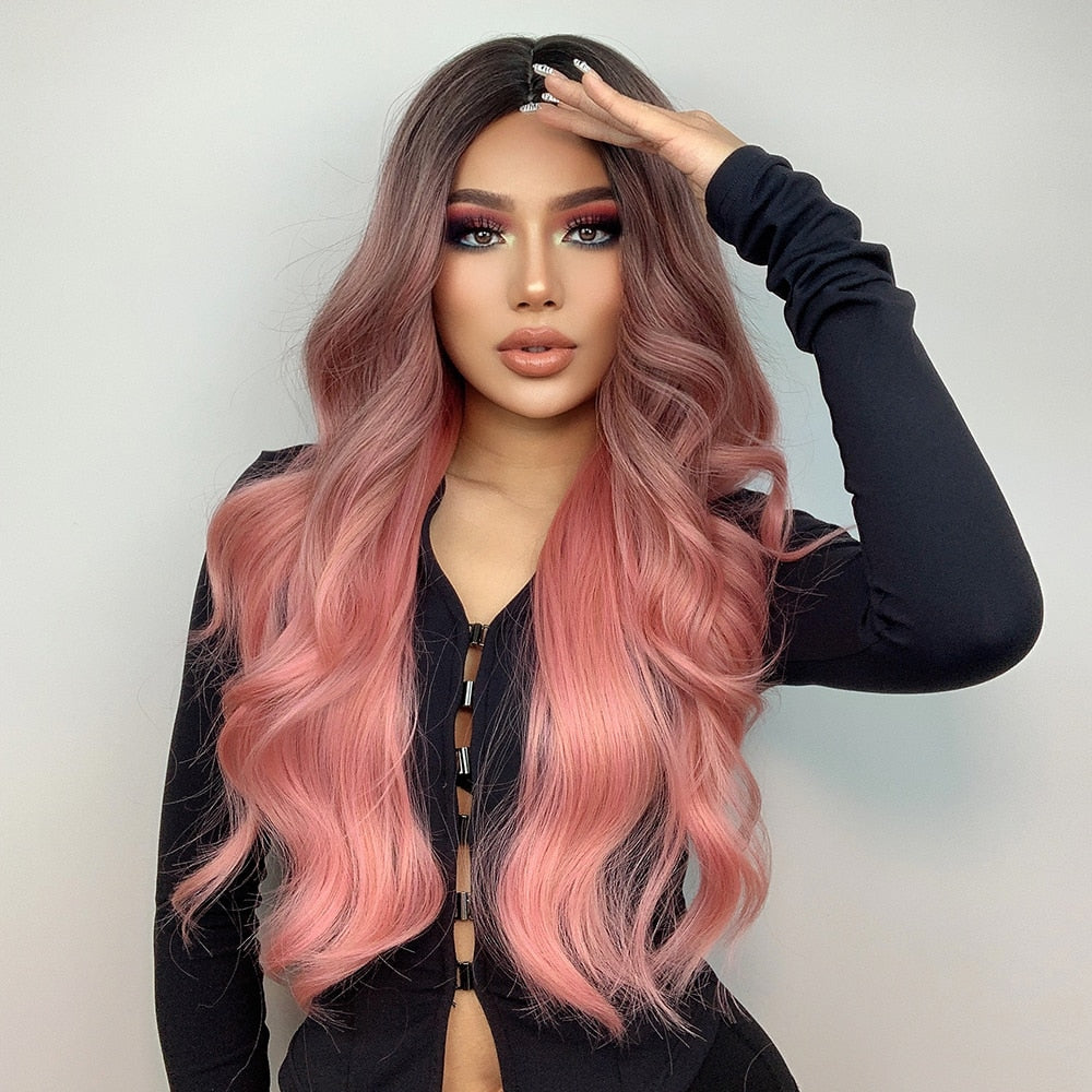 Long Wavy Pink Ombre Synthetic Wigs