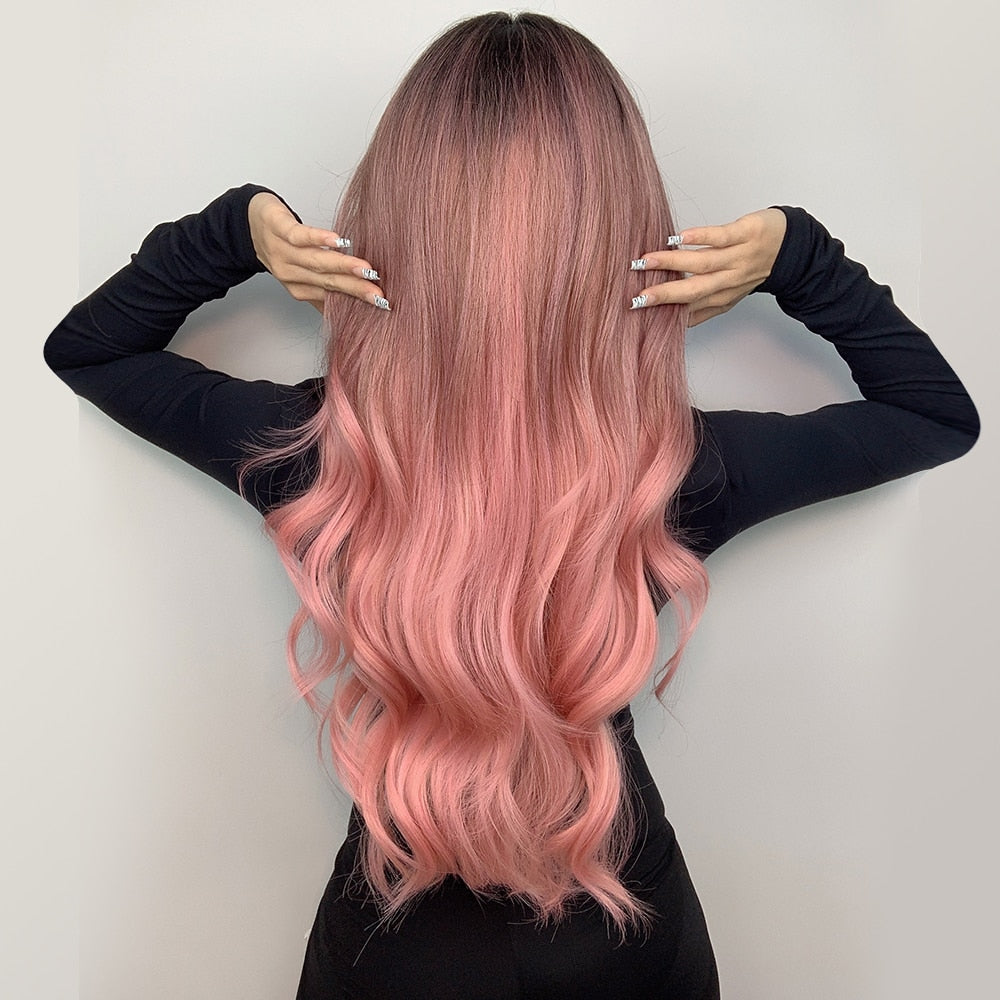 Long Wavy Pink Ombre Synthetic Wigs