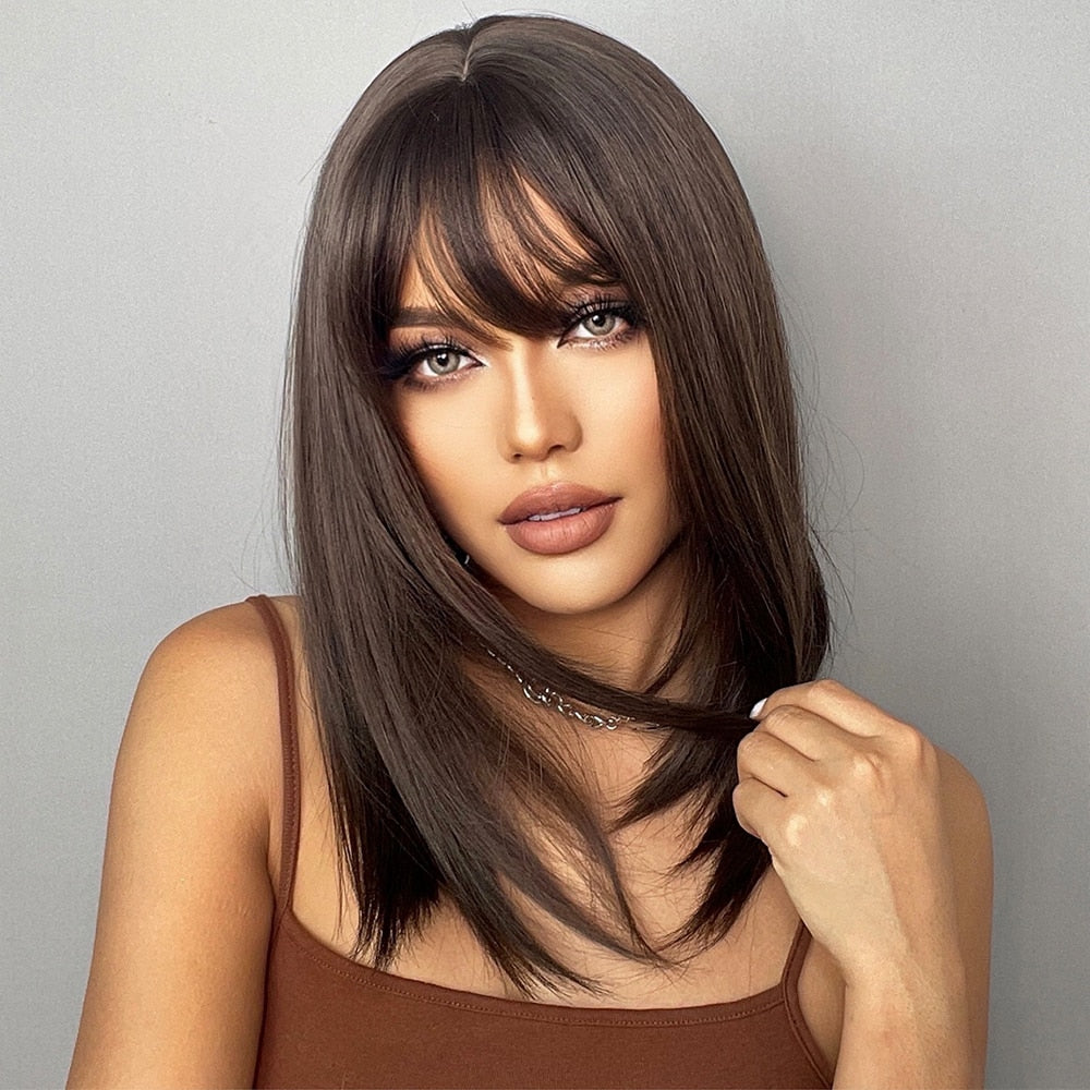 Dark Brown Synthetic Wig with Bangs Shoulder Length Straight Wig