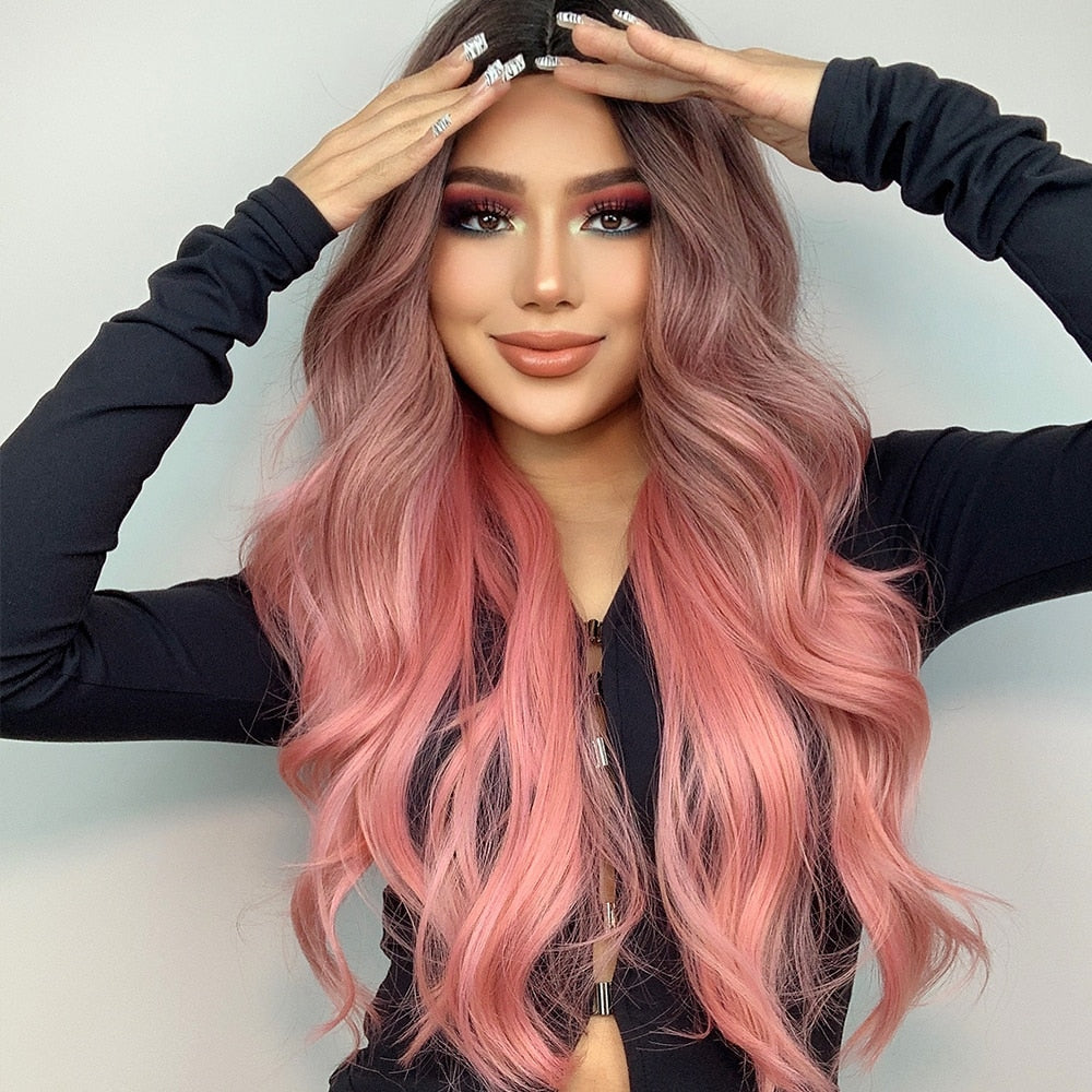 Long Wavy Pink Ombre Synthetic Wigs