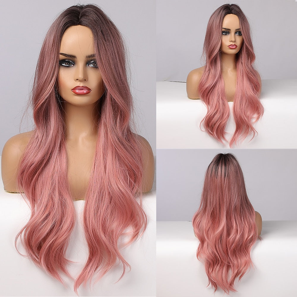 Long Wavy Pink Ombre Synthetic Wigs