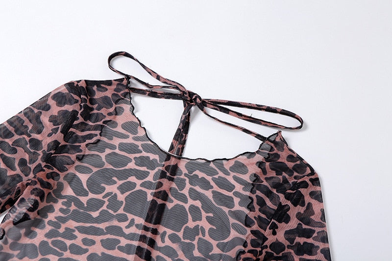 Leopard Print Backless Dress Women Long Sleeve Mesh Dress 2021 Spring Halter Transparent Sexy Club Dress Vestidos