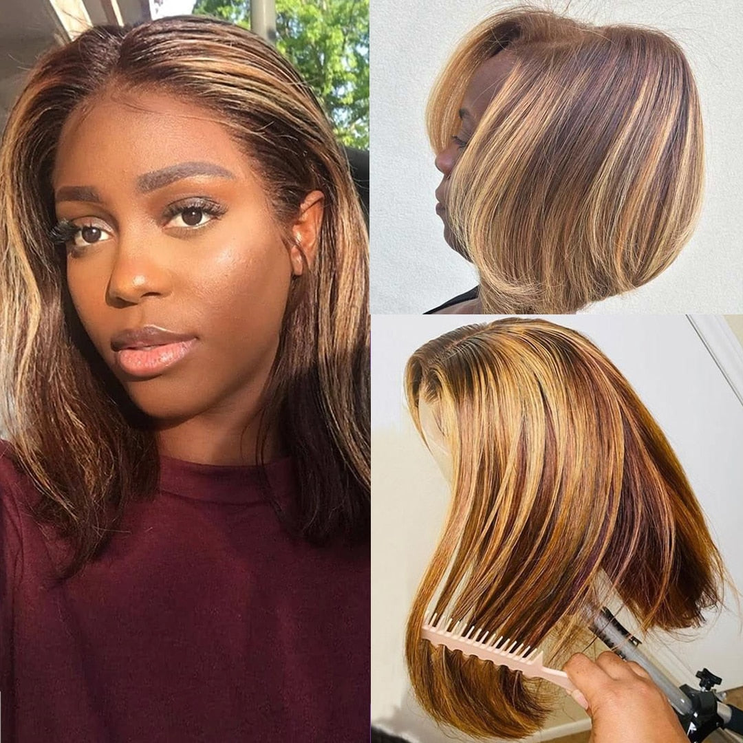 Honey Blonde Ombre Highlight Straight Short Bob Wig Transparent Lace Frontal Human Hair Wigs