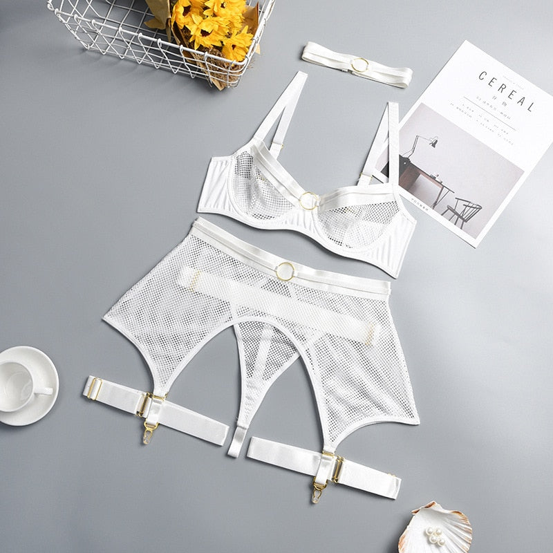 4-Piece Mesh Bra Set Women Transparent Ring Sexy Underwear Set Underwire Ladies Lingerie Set with Garter Belt