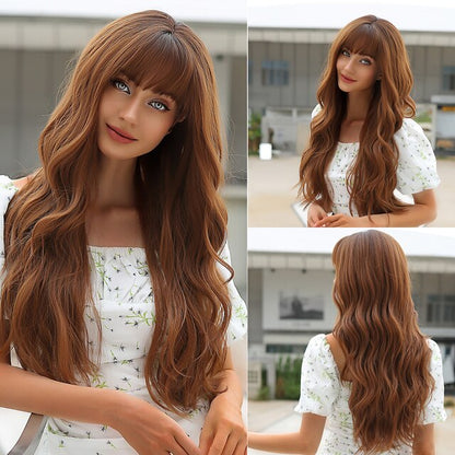Dark Ombre Wine Red Brown Synthetic Long Wavy Wigs with Bangs