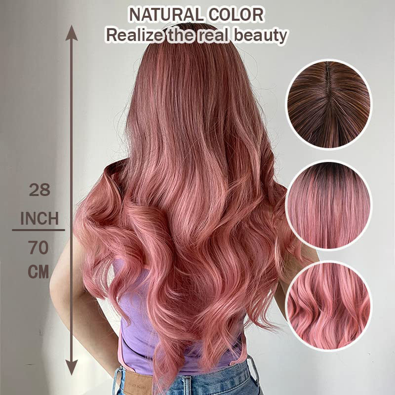 Long Wavy Pink Ombre Synthetic Wigs