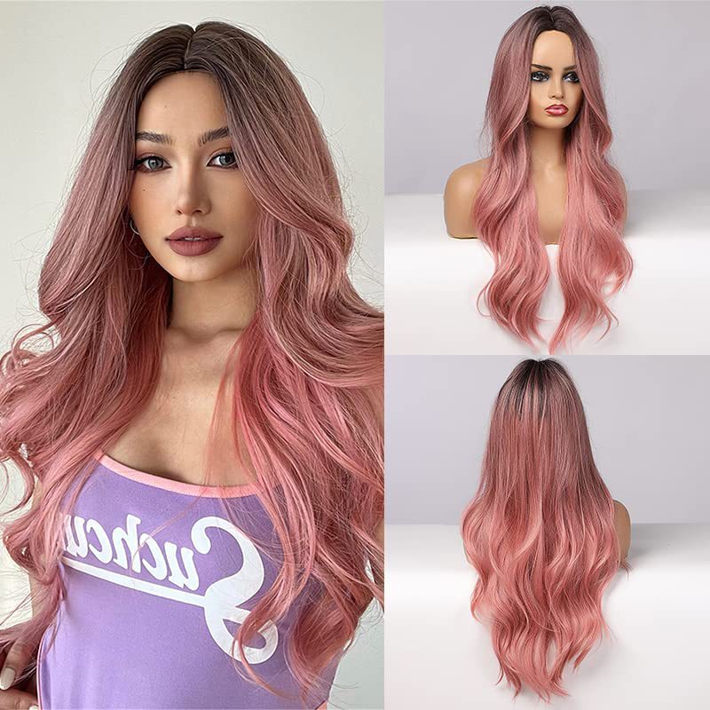 Long Wavy Pink Ombre Synthetic Wigs