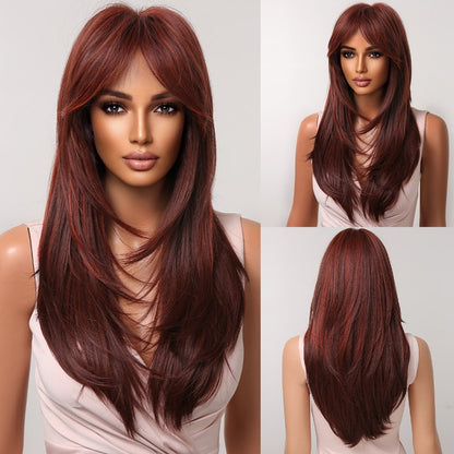 Medium Length Brown Highlight Layered Synthetic Wigs Natural Straight Hairs Wig