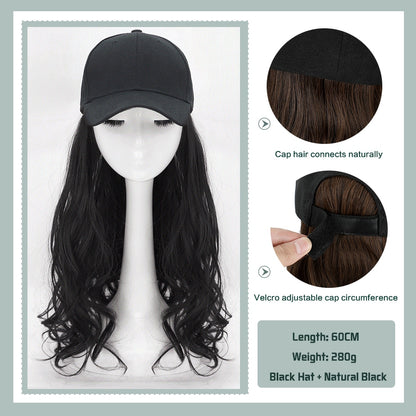 Black White Baseball Cap with Wig Long Straight Hair Curly Hair Hat Wig