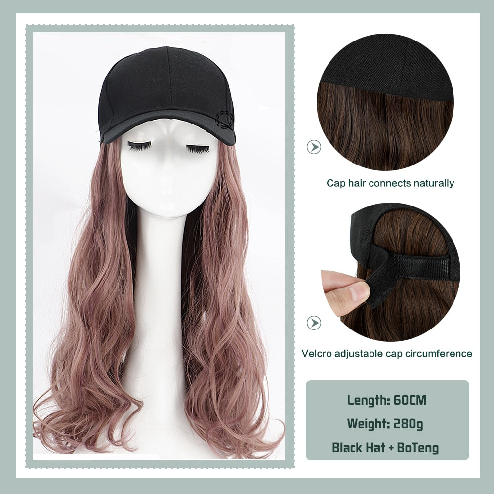 Black White Baseball Cap with Wig Long Straight Hair Curly Hair Hat Wig