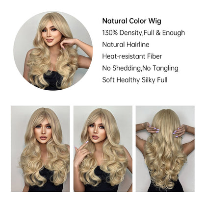 Platinum Blonde Synthetic Curly Long Wavy Wig with Bangs