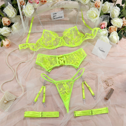 3-Piece Embroidery Lingerie Set Women 4 Colors Transprent Exotic Sets Chain Sexy Garter G-string Kit