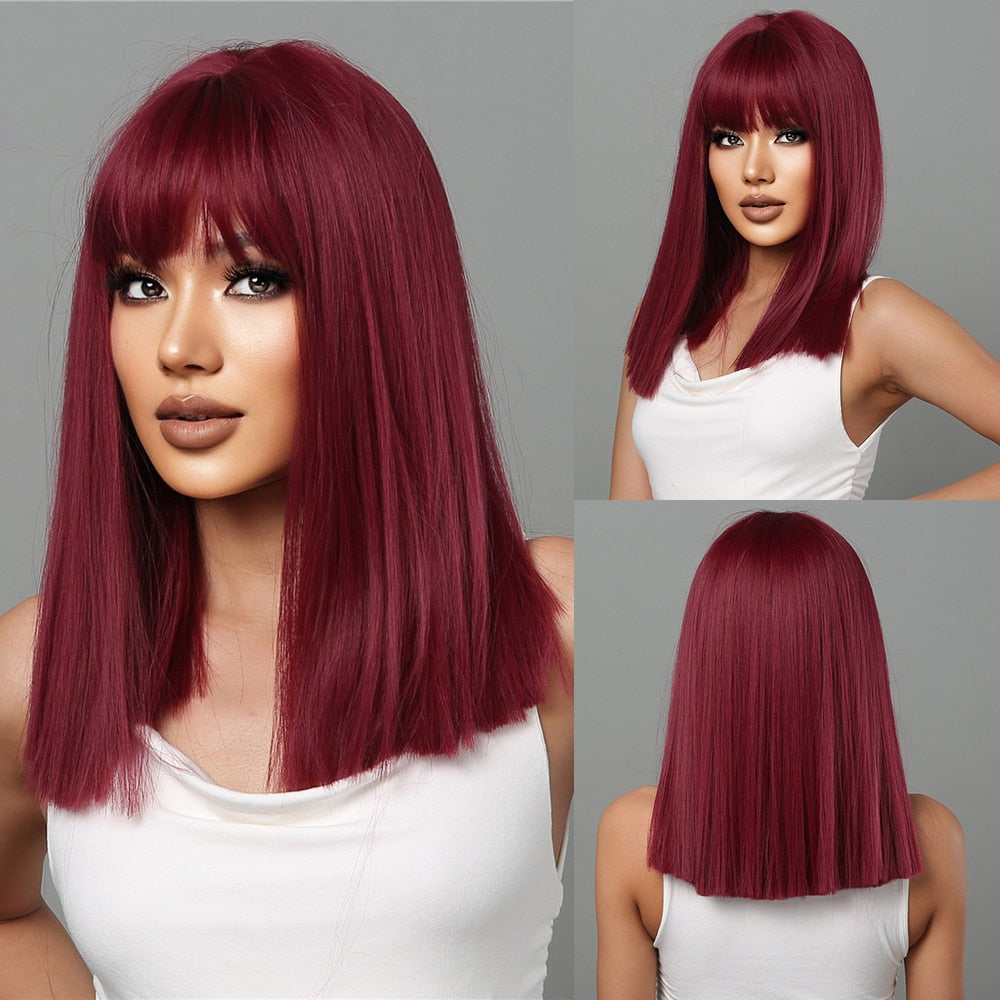 Purple Pink Ombre Black Short Straight Synthetic Wigs with Bangs Bob