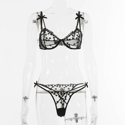 2 Pcs Heart Embroidery Lace Bra Set women See Through + Panty lingerie set