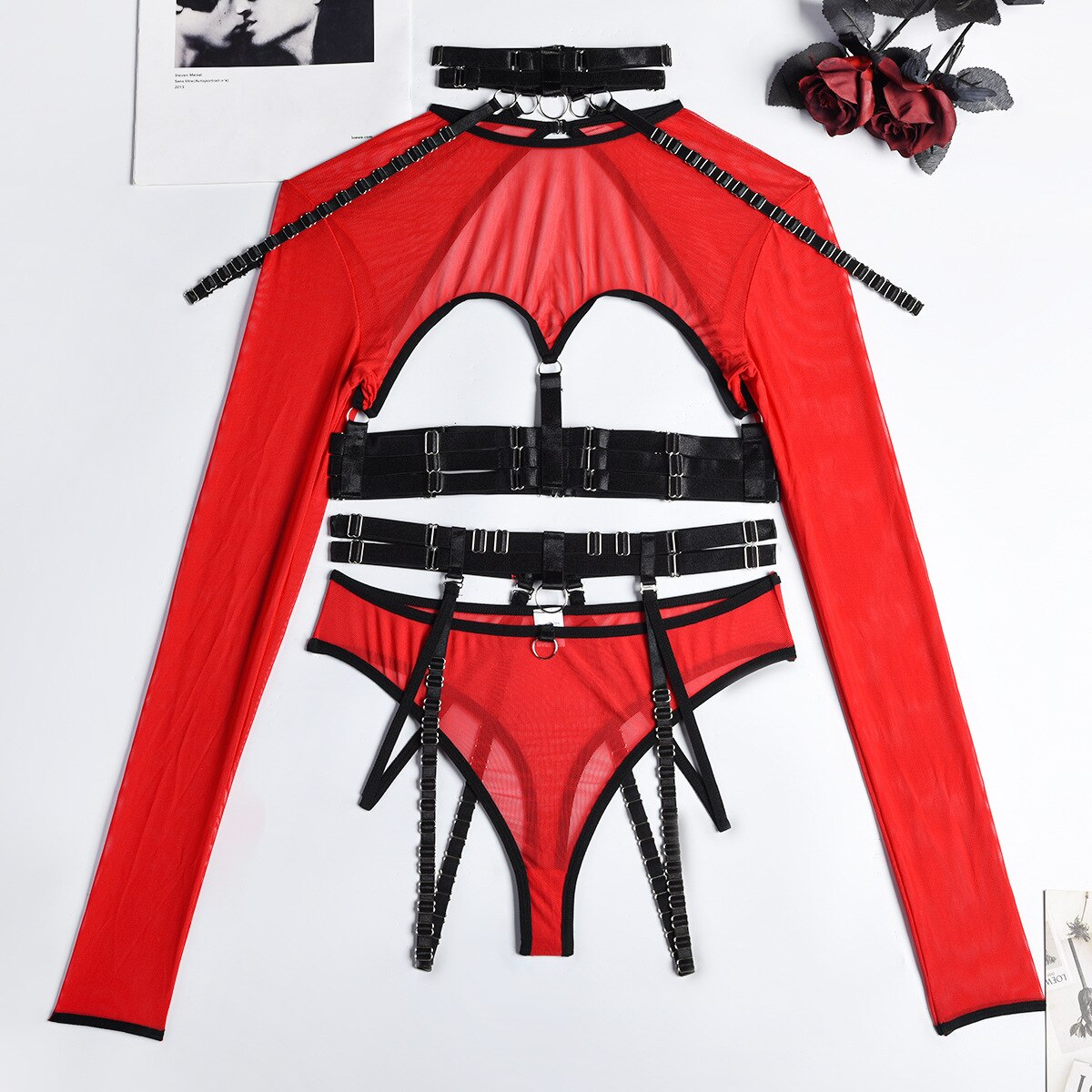 4-Piece Gothic Lingerie Set Women 11 Colors Backless Fancy Black Halter Mesh Bandage Exotic Sets
