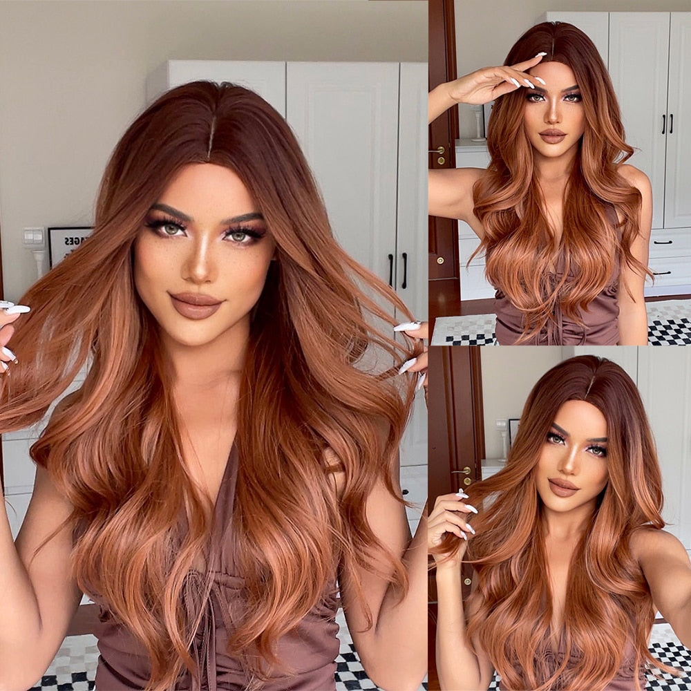 Brown Long Curly Wavy Synthetic Wigs with Blonde Highlights
