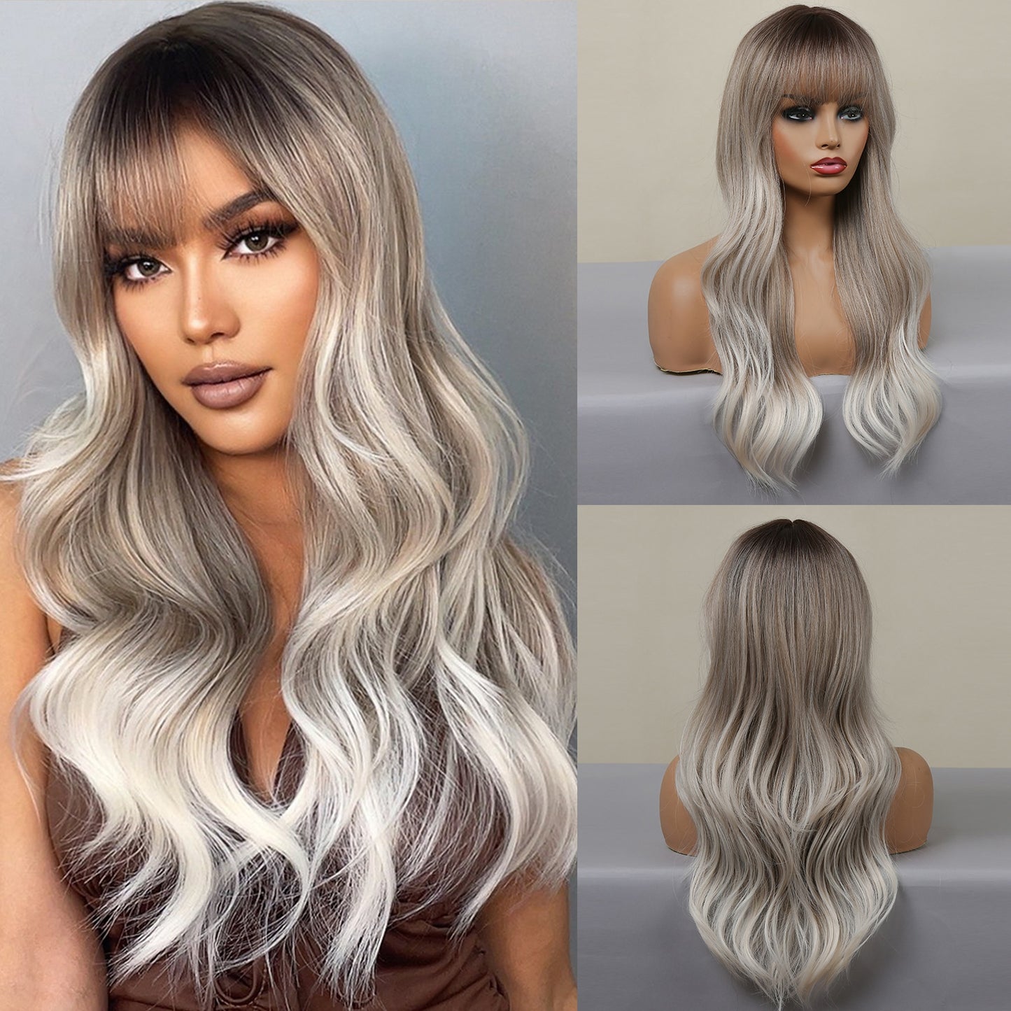 Long Wavy Ginger Brown Synthetic Wigs with Bangs
