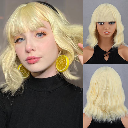Blonde Wavy Medium Synthetic Wig Women's Bangs Pink Black Wig