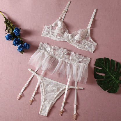 Lace Bra Set Women Transparent Mesh Patchwork Sexy Lingerie Set Floral Garter Brief Underwear Set